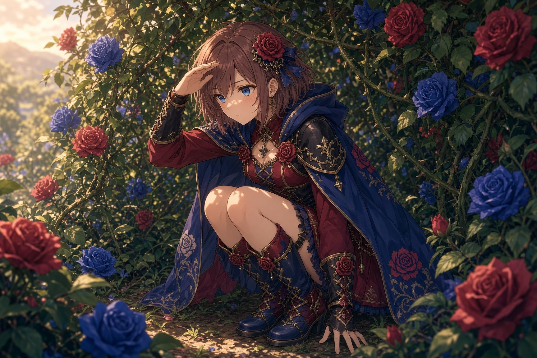 Briar Rose crouching among red and blue roses