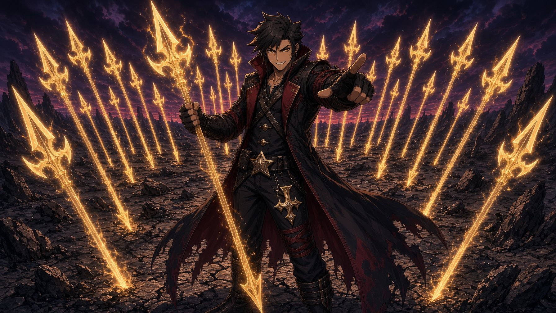 Leon Garo surrounded by a field of glowing golden spears