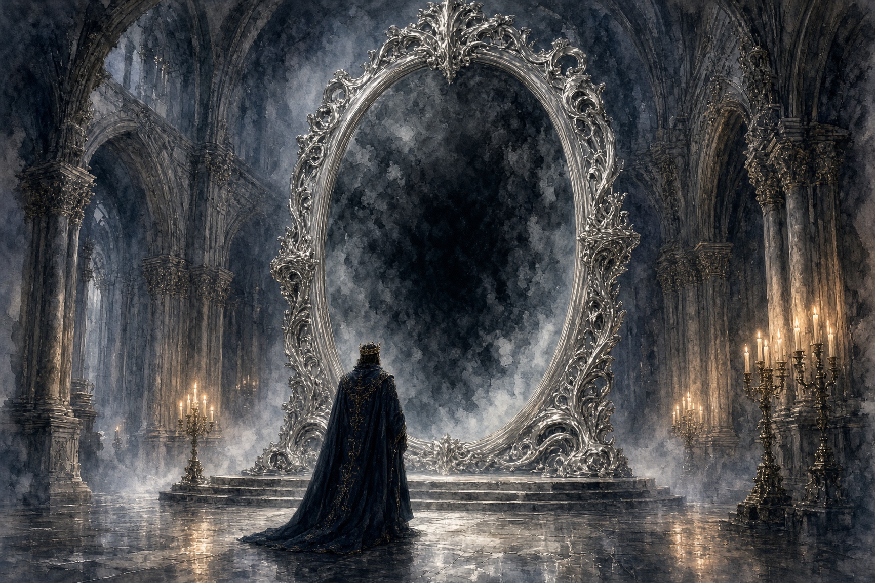 A king stands before the Mirror of Everything